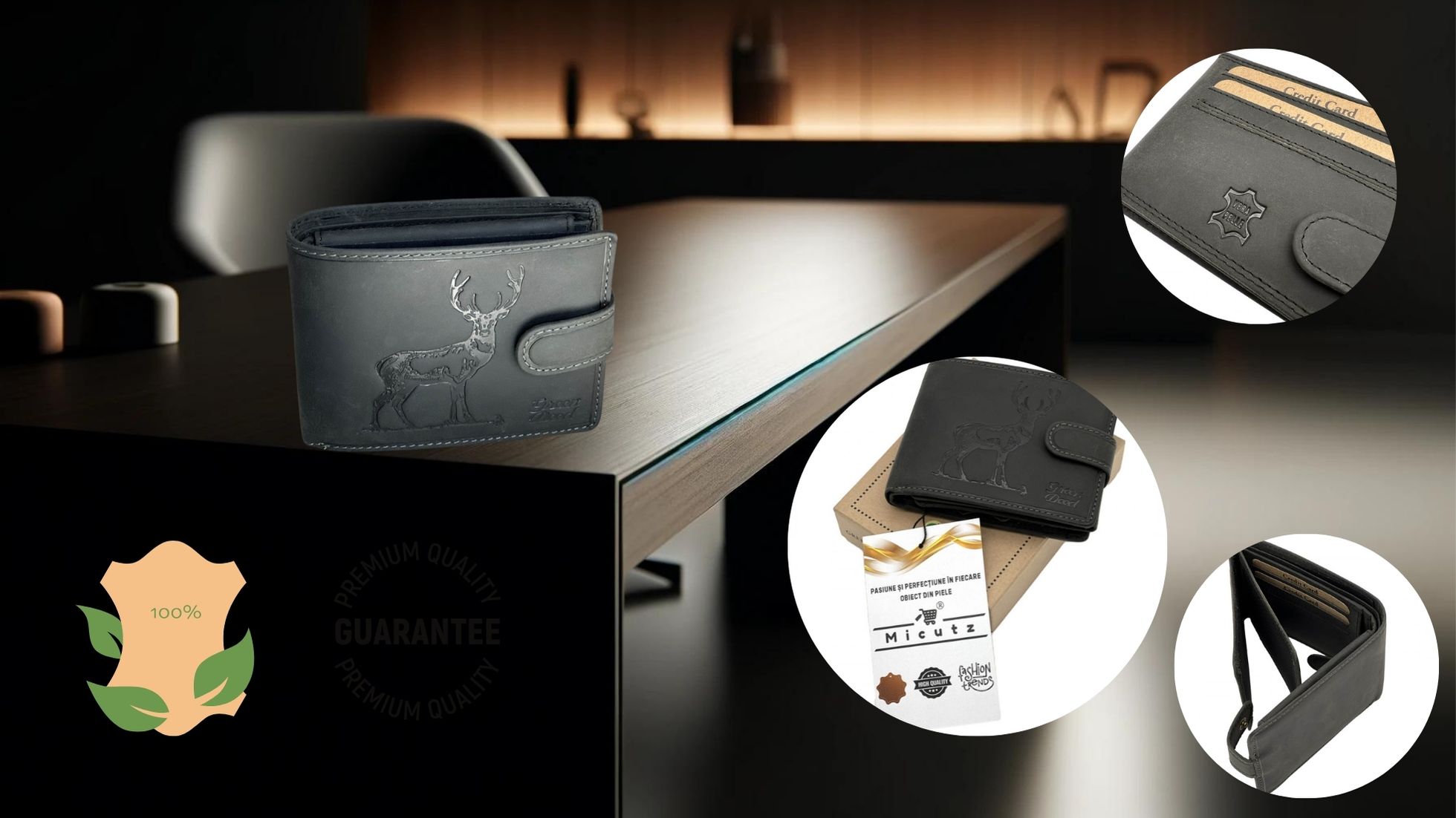portofel negru barbati din piele naturala personalizat cu imaginea unui cerb
